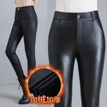 高腰中老年人媽媽小腳加絨皮褲