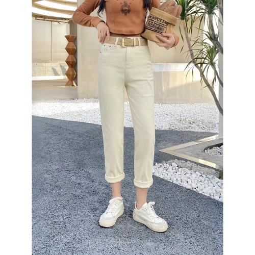 爆犀牛春秋新款米色牛仔褲女小個子九分寬松顯瘦蘿卜哈倫褲老爹褲