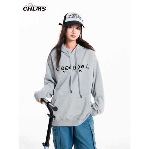 CHLMS 創意搞怪表情印花加絨帽衫2025秋新品oversize日系衛衣潮