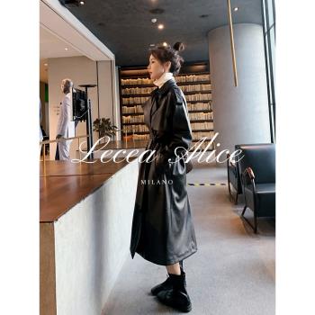 Lecea Alice黑色皮衣外套女2024秋季新款韓版寬松系帶中長款風衣