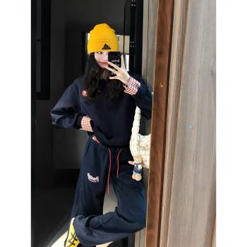 時尚休閑運動套裝女秋季美式復古格子polo衛衣闊腿長褲跑步兩件套