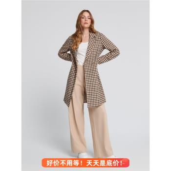小眾北歐單|復古VINTAGE感翻領格紋長袖羊毛大衣女秋冬外套