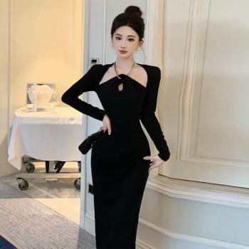 氣質名媛性感開叉掛脖禮服小黑裙