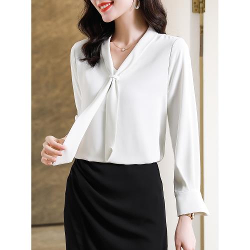 系帶白色襯衫女長袖2025春季新款雪紡衫百搭時尚上衣V領氣質襯衣