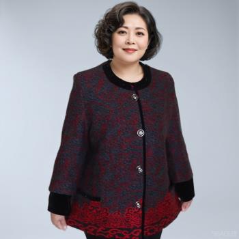 200斤胖奶奶秋冬加肥加大毛呢圓領開衫外套中老年特大碼9分袖上衣
