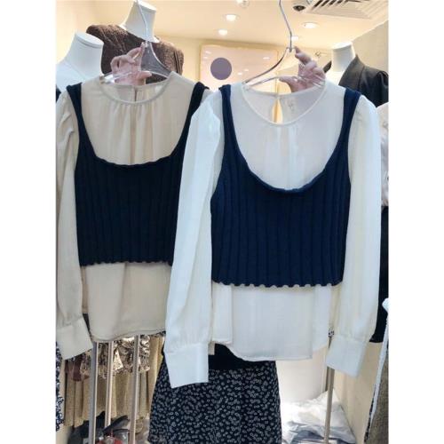 2025春夏新款秋減齡圓領韓顯瘦天絲上衣+凈色氣質針織馬甲兩件套