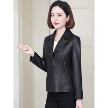 翻領真皮夾克女士外套秋季2024新款黑色綿羊皮海寧機車服短款上衣