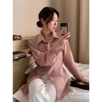 韓國chic秋季減齡氣質百搭長袖襯衫+掛脖疊穿後背系帶背心兩件套