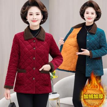 中老年人女秋冬季純色加絨加厚棉服外套媽媽裝大碼燈芯絨保暖棉衣