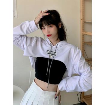 2022新款初秋薄款超短款連帽衛衣女高腰露臍街舞長袖學生上衣女潮