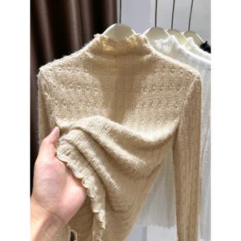 蕾絲打底衫2024新款女春秋冬洋氣半高領毛衣內搭愛心網紗長袖紗衣