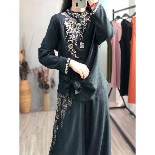 洛云謠秋季原創苧麻復古小衫收腰顯瘦刺繡設計感上衣純麻料襯衫女