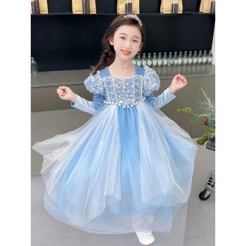 女寶寶秋冬季絲絨愛莎公主裙冰雪奇緣網紗蓬蓬裙萬聖節禮服連衣裙