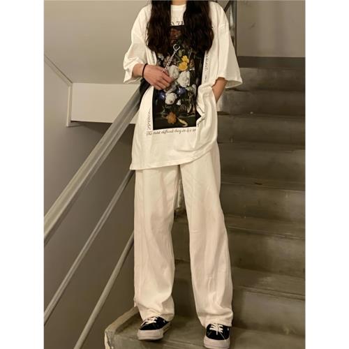 春秋女款白色褲子寬松bf慵懶風美式街頭工裝闊腿褲直筒純棉休閑褲