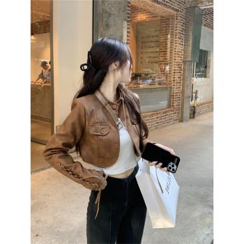 美式復古棕色外套短款夾克皮衣