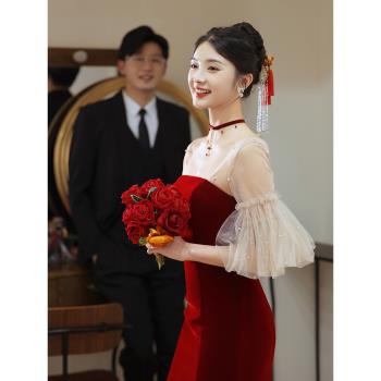 冬季酒紅色新娘敬酒服顯瘦訂婚禮服回門便裝小個子高階感泡泡袖女