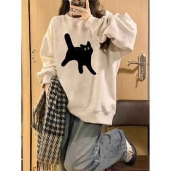 灰色高階感銀狐絨圓領衛衣女春秋冬季加絨加厚小眾設計感套頭外套
