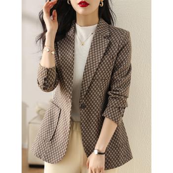 韓版修身格子西裝外套女春秋時尚千鳥格洋氣時髦休閑格紋西服上衣