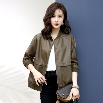 真皮皮衣女春秋新款2024寬松顯瘦綿羊皮夾克休閑圓領棒球服短外套