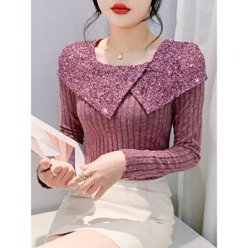 時髦荷葉邊春秋刺繡長袖修身上衣