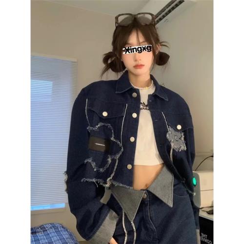 牛仔外套女春秋款潮牌主題小花短款水洗破壞毛邊牛仔夾克外套百搭