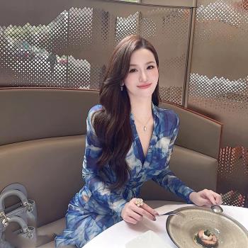 聚會媽媽婚宴氣質V領印花小禮服
