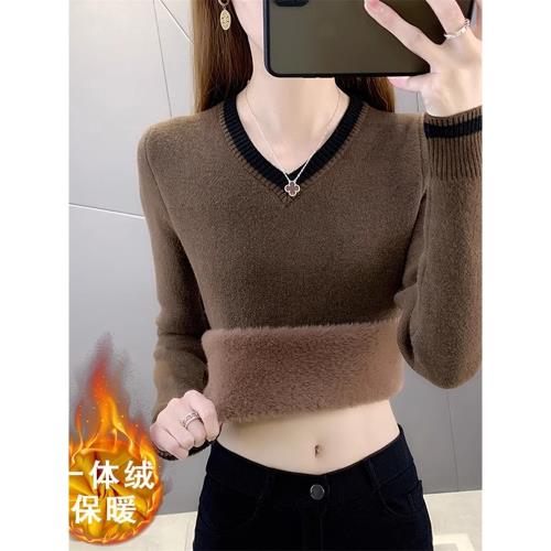 一體絨V領加絨毛衣打底衫女秋冬新款加厚保暖內搭修身針織衫上衣