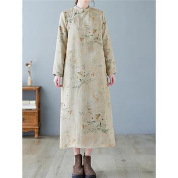 長袖棉麻連衣裙女秋冬款加絨碎花裙寬松大碼改良旗袍高階亞麻袍子