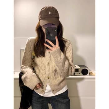 韓系復古長袖針織開衫外套女秋季設計感寬松麻花毛衣外搭短款上衣