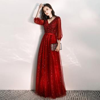 孕婦敬酒服新娘2023新款大碼冬季高階結婚酒紅色長袖晚禮服女顯瘦