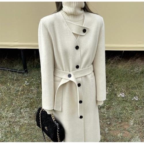冬天穿的羊毛大衣秋冬經典設計款V領雙面呢手工羊毛大衣外套女