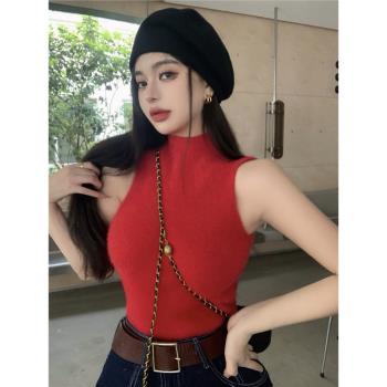 紅色針織半高領吊帶背心女裝秋季辣妹無袖短款內搭修身上衣打底衫