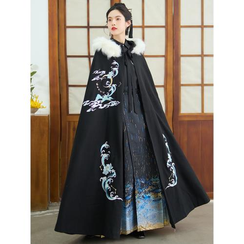 斗篷漢服秋冬古風加絨加厚大毛領長款連帽披風外套冬季中國風古裝