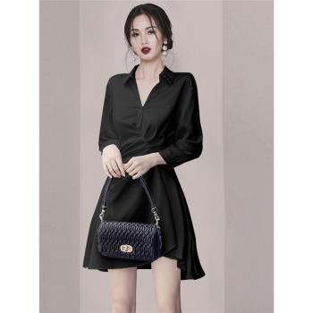 2023年秋季新款V領束腰顯瘦黑色長袖襯衫連衣裙小禮服女平時可穿