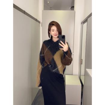 COS風女裝2024秋季新款時尚短款V領馬海毛混紡撞色拼色針織衫毛衣
