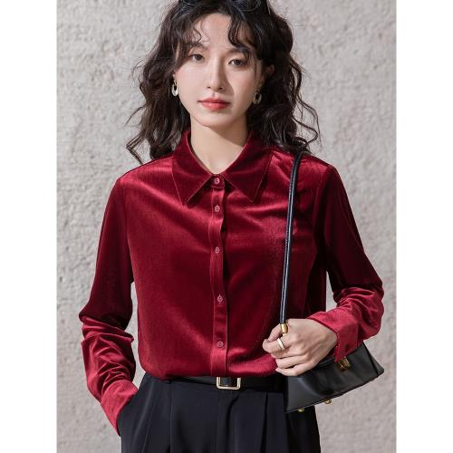 新年穿搭酒紅色絲絨襯衫女裝2025秋冬新款過年打底內搭高級感上衣