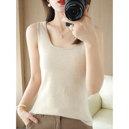 秋冬季新款低圓領女士背心修身無袖羊毛針織衫性感內搭打底吊帶衫
