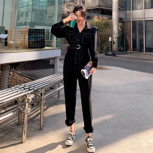 牛仔連體褲女2024韓版春秋裝復古高腰顯瘦休閑寬松連衣褲直筒長褲