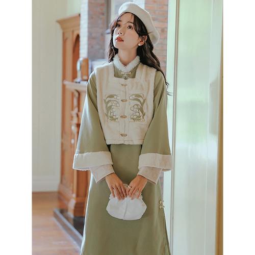 新中式國風復古漢元素馬甲旗袍裙子少女收腰燈芯絨長袖連衣裙秋冬