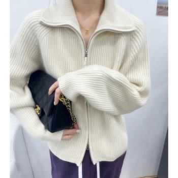 秋冬白色翻領拉鏈針織開衫女慵懶風外穿毛衣外套冬季高領加厚上衣
