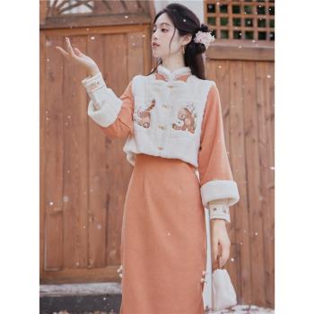 女裝旗袍冬季加絨兩件套拜年服