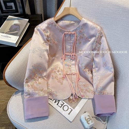 粉色新中式國風醋酸薄外套女2025秋裝穿搭唐裝刺繡高級感宋錦上衣