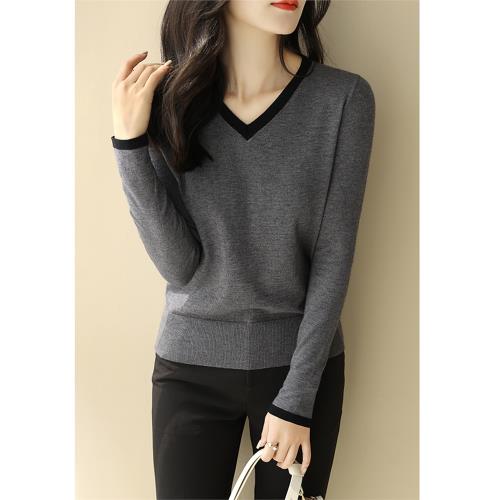 Mularsa 新款春秋拼色長袖上衣女時尚百搭套頭毛衣修身針織打底衫