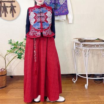 民族風重工刺繡夾棉加厚盤扣棉馬夾中國風復古中式馬甲半身裙套裝