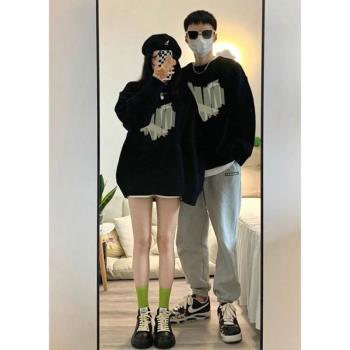 美式寬松情侶款oversize衛衣秋冬季保暖加絨別致小眾高階感上衣潮
