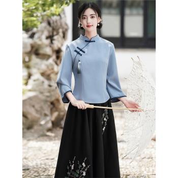 春夏新中式民國風唐裝女旗袍茶服兩件套裝可上班採耳茶藝工作漢服