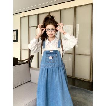 減齡顯瘦少女春秋襯衫牛仔背帶裙