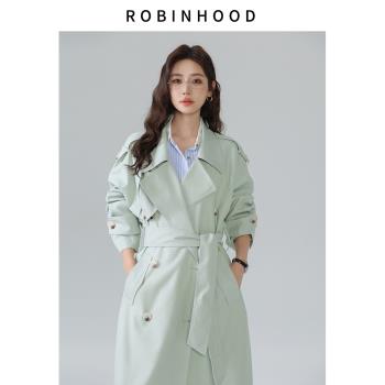 ROBINHOD高階感簡約2024年秋季英倫風翻領雙排扣中長款風衣外套女