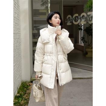 2023秋冬季新款白色羽絨服女中長款小個子加厚收腰連帽麵包服外套