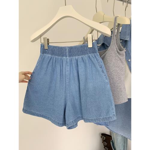 簡約松緊腰水洗牛仔短褲女夏季新款高腰舒適休閑a字闊腿顯瘦熱褲